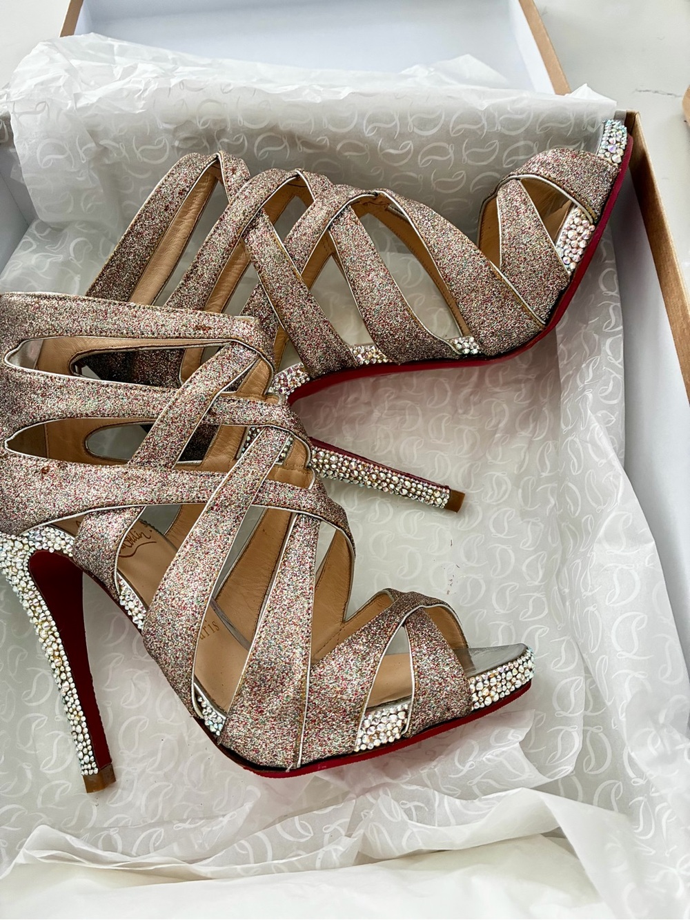 Christian Louboutin strappy glitter bling heels caged heel size 36.5